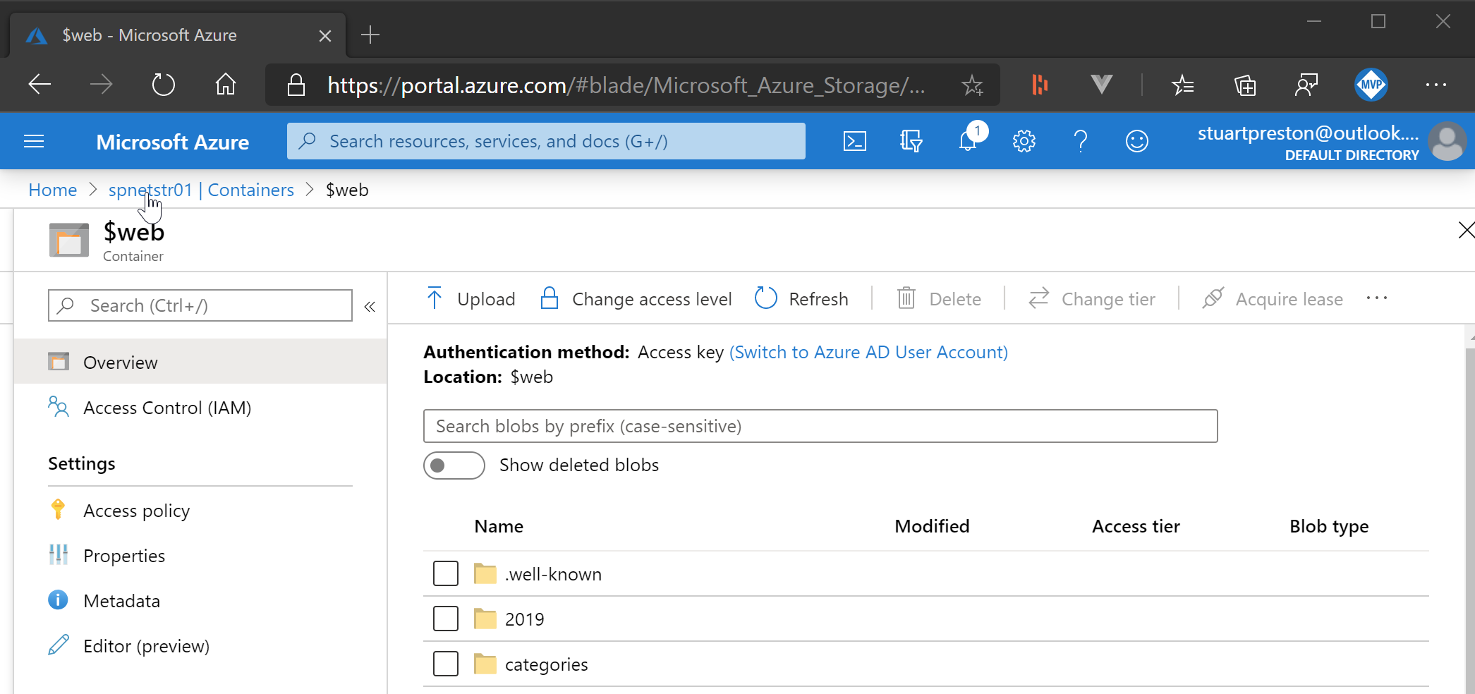 Azure Portal showing the $web container on my Azure Storage account