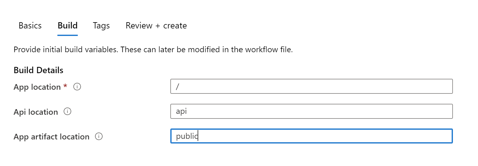 Showing the Build properties available fot an Azure Static Web App